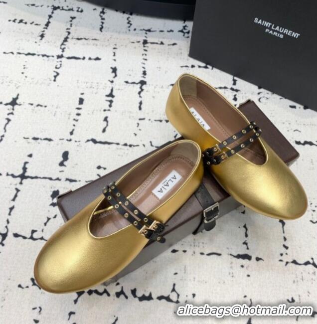 ​Good Looking Alaia Ballet Flats in Calfskin Leather with Double Buckle Strap 0810 Gold 2024