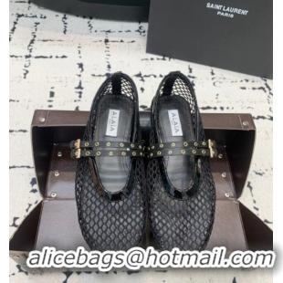 Promotional Alaia Ballet Flats in Fishnet with Double Buckle Strap 0810 Black 2024