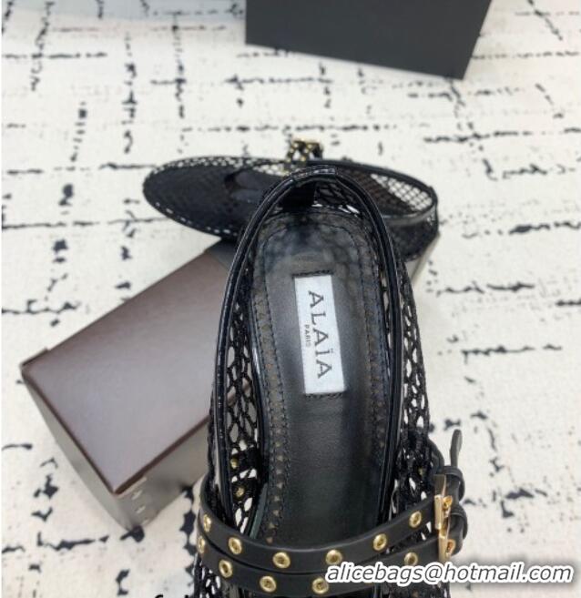Promotional Alaia Ballet Flats in Fishnet with Double Buckle Strap 0810 Black 2024
