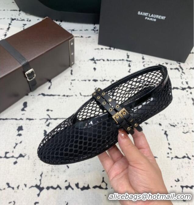 Promotional Alaia Ballet Flats in Fishnet with Double Buckle Strap 0810 Black 2024