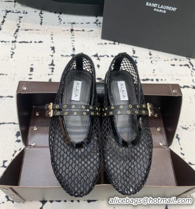 Promotional Alaia Ballet Flats in Fishnet with Double Buckle Strap 0810 Black 2024