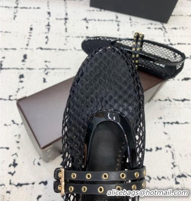 Promotional Alaia Ballet Flats in Fishnet with Double Buckle Strap 0810 Black 2024