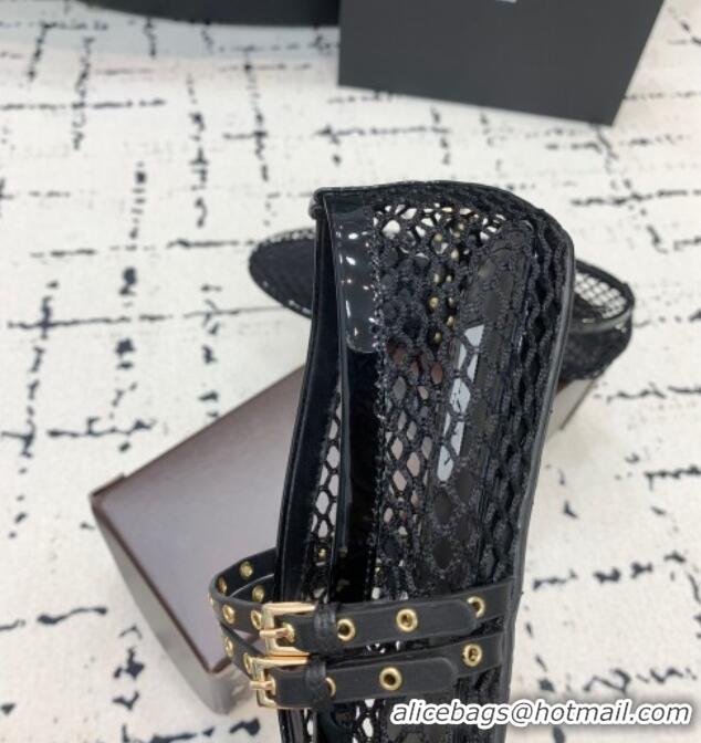 Promotional Alaia Ballet Flats in Fishnet with Double Buckle Strap 0810 Black 2024