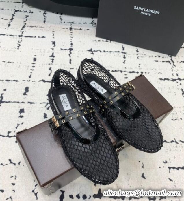 Promotional Alaia Ballet Flats in Fishnet with Double Buckle Strap 0810 Black 2024