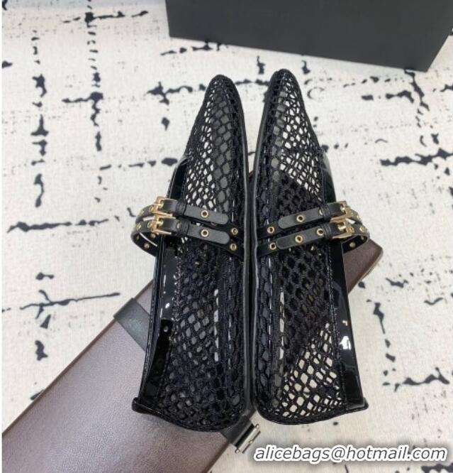 Promotional Alaia Ballet Flats in Fishnet with Double Buckle Strap 0810 Black 2024