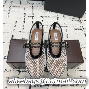 Shop Discount Alaia Ballet Flats in Fishnet with Double Buckle Strap 0810 White 2024