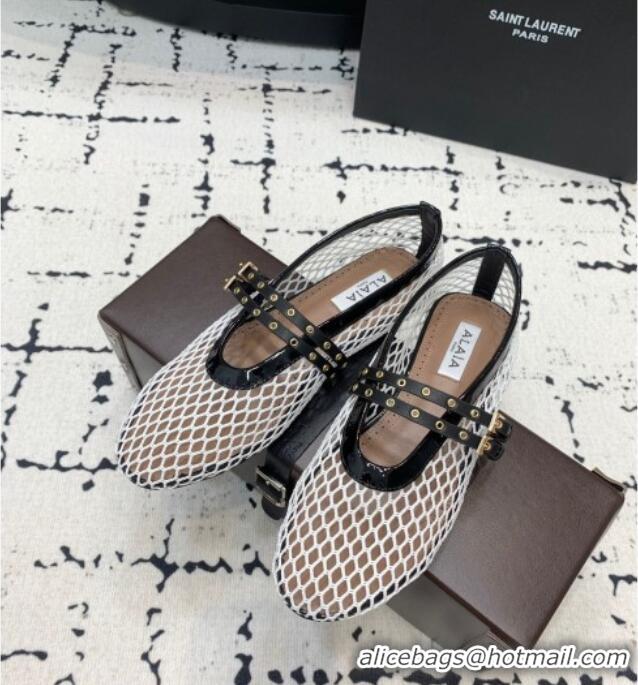 Shop Discount Alaia Ballet Flats in Fishnet with Double Buckle Strap 0810 White 2024