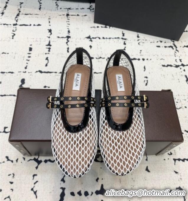 Shop Discount Alaia Ballet Flats in Fishnet with Double Buckle Strap 0810 White 2024