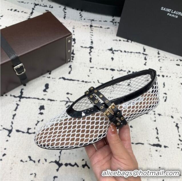 Shop Discount Alaia Ballet Flats in Fishnet with Double Buckle Strap 0810 White 2024
