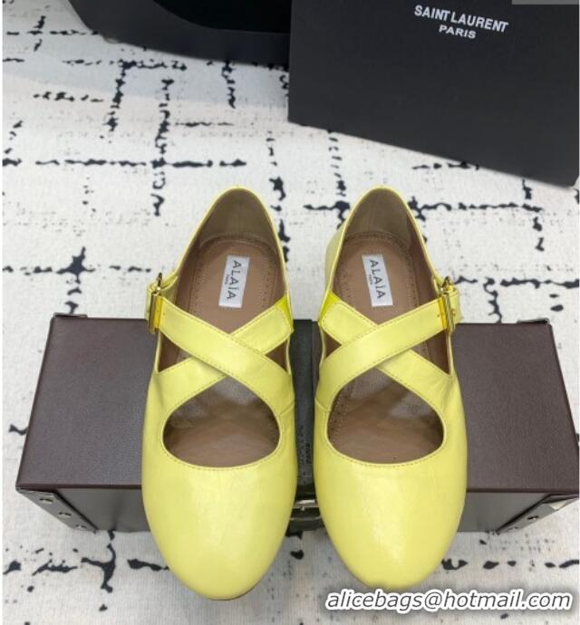 Famous Brand Alaia Criss Cross Ballet Flats in Patent Calfskin A21903 Yellow 2024