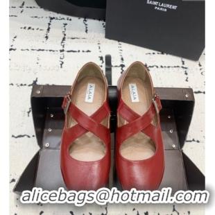 Low Cost Brand Alaia Criss Cross Ballet Flats in Patent Calfskin A21903 Burgundy 2024