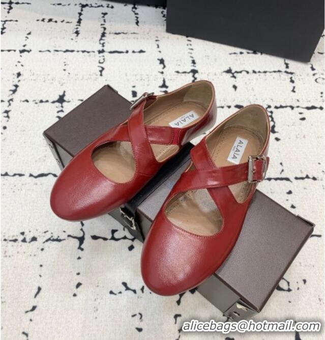 Low Cost Brand Alaia Criss Cross Ballet Flats in Patent Calfskin A21903 Burgundy 2024