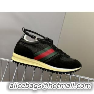 Shop Duplicate Gucci Women's Re-Motion Sneakers with Ankle Strap in GG Canvas and Suede Black 832918