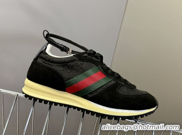 Shop Duplicate Gucci Women's Re-Motion Sneakers with Ankle Strap in GG Canvas and Suede Black 832918