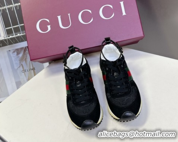 Shop Duplicate Gucci Women's Re-Motion Sneakers with Ankle Strap in GG Canvas and Suede Black 832918