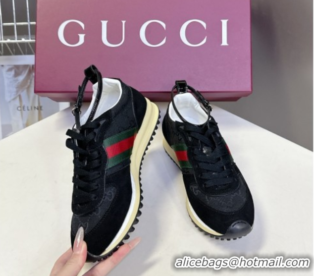 Shop Duplicate Gucci Women's Re-Motion Sneakers with Ankle Strap in GG Canvas and Suede Black 832918