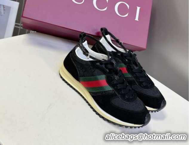 Shop Duplicate Gucci Women's Re-Motion Sneakers with Ankle Strap in GG Canvas and Suede Black 832918