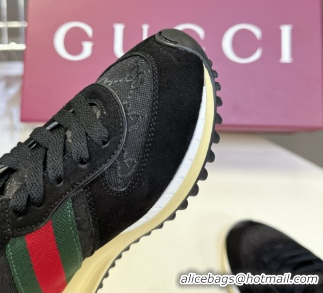 Shop Duplicate Gucci Women's Re-Motion Sneakers with Ankle Strap in GG Canvas and Suede Black 832918