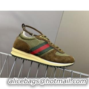 Best Product Gucci Women's Re-Motion Sneakers with Ankle Strap in GG Canvas and Suede Dark Green 832918