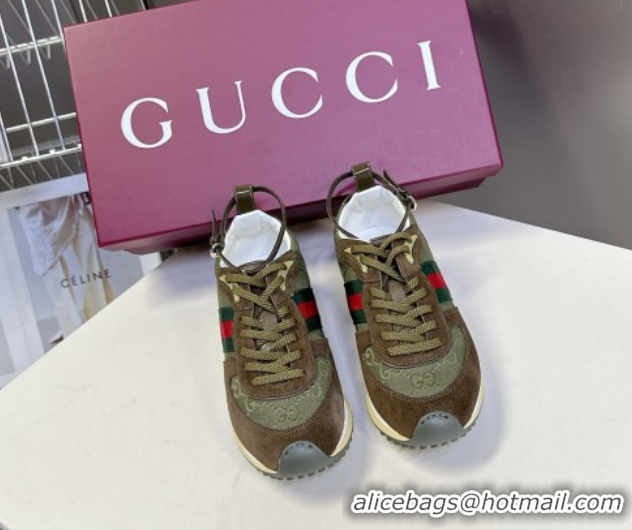 Best Product Gucci Women's Re-Motion Sneakers with Ankle Strap in GG Canvas and Suede Dark Green 832918