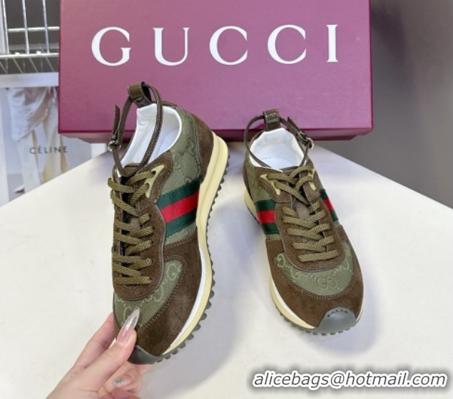 Best Product Gucci Women's Re-Motion Sneakers with Ankle Strap in GG Canvas and Suede Dark Green 832918