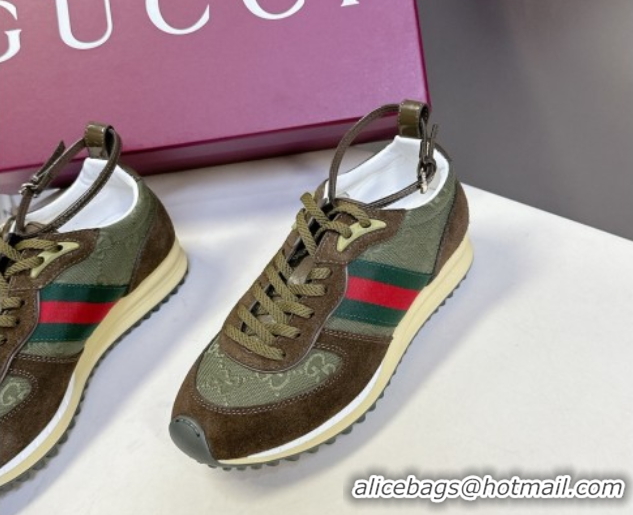 Best Product Gucci Women's Re-Motion Sneakers with Ankle Strap in GG Canvas and Suede Dark Green 832918