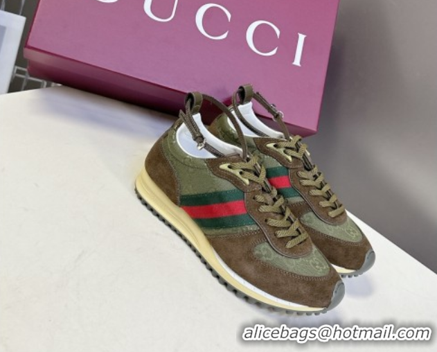 Best Product Gucci Women's Re-Motion Sneakers with Ankle Strap in GG Canvas and Suede Dark Green 832918