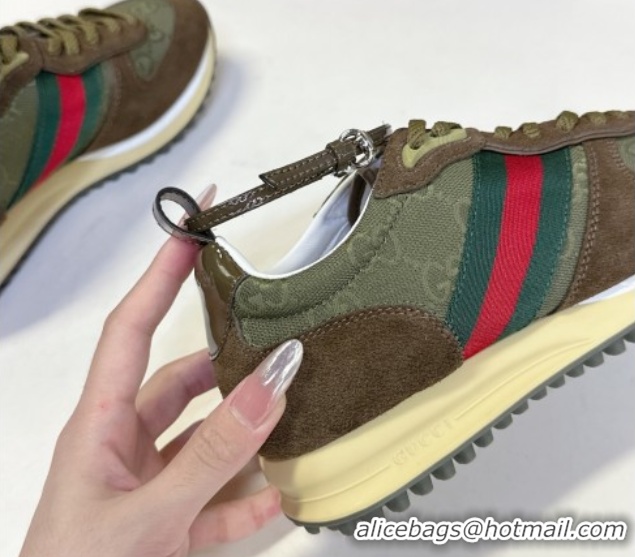Best Product Gucci Women's Re-Motion Sneakers with Ankle Strap in GG Canvas and Suede Dark Green 832918