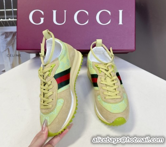 Unique Style Gucci Women's Re-Motion Sneakers with Ankle Strap in GG Canvas and Suede Acid Green 832918