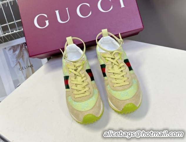 Unique Style Gucci Women's Re-Motion Sneakers with Ankle Strap in GG Canvas and Suede Acid Green 832918
