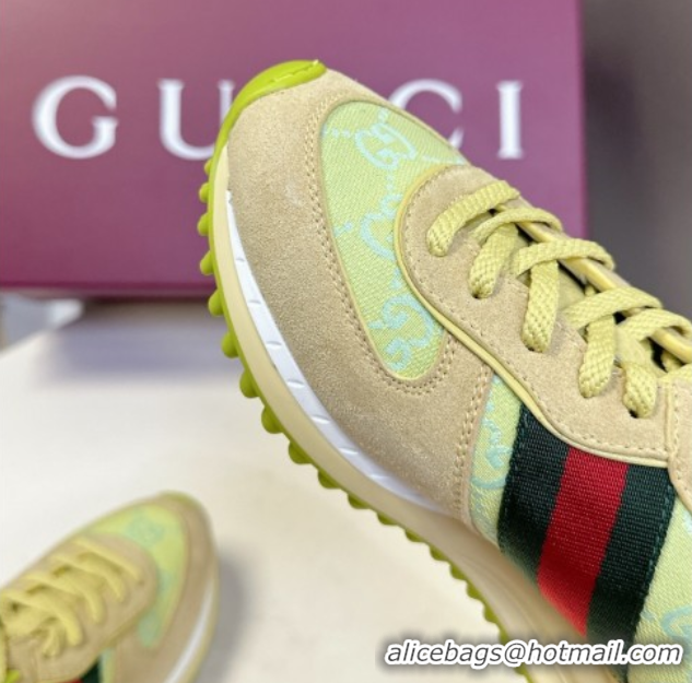 Unique Style Gucci Women's Re-Motion Sneakers with Ankle Strap in GG Canvas and Suede Acid Green 832918