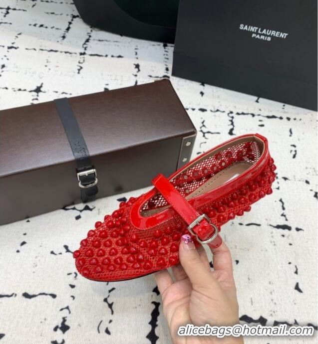 Popular Style Alaia Ballet Flats in Fishnet and Patent Leather with Pyramid Studs AL053101 Red 2024