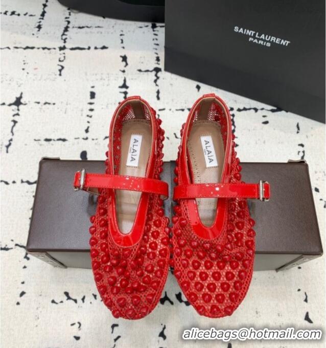 Popular Style Alaia Ballet Flats in Fishnet and Patent Leather with Pyramid Studs AL053101 Red 2024