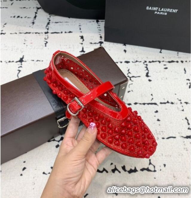 Popular Style Alaia Ballet Flats in Fishnet and Patent Leather with Pyramid Studs AL053101 Red 2024