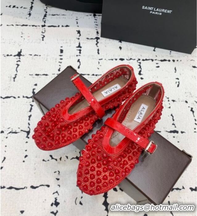 Popular Style Alaia Ballet Flats in Fishnet and Patent Leather with Pyramid Studs AL053101 Red 2024