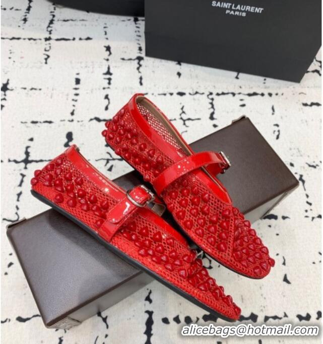 Popular Style Alaia Ballet Flats in Fishnet and Patent Leather with Pyramid Studs AL053101 Red 2024