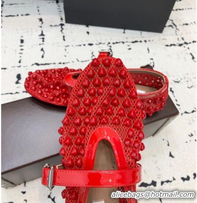 Popular Style Alaia Ballet Flats in Fishnet and Patent Leather with Pyramid Studs AL053101 Red 2024