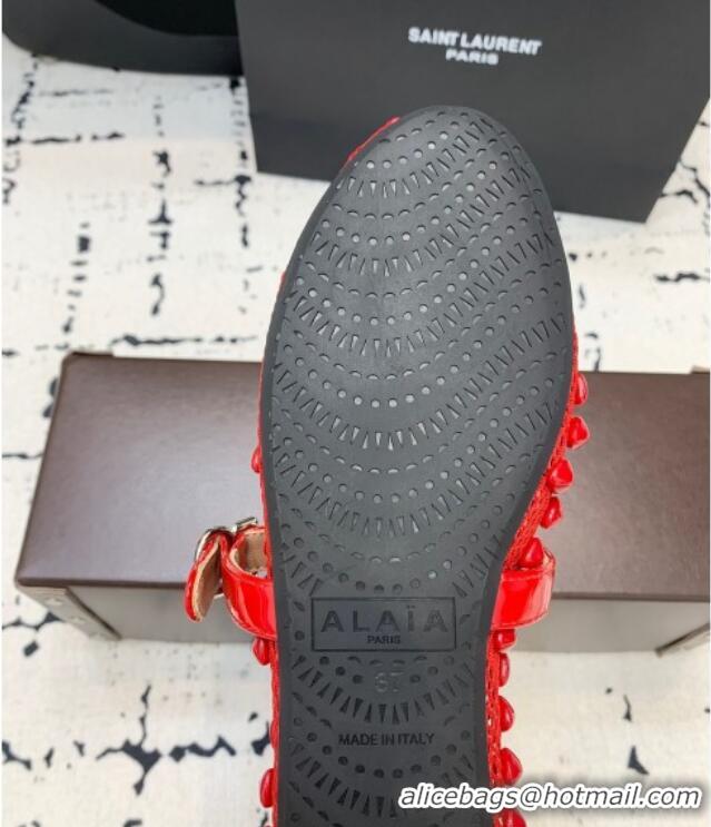 Popular Style Alaia Ballet Flats in Fishnet and Patent Leather with Pyramid Studs AL053101 Red 2024