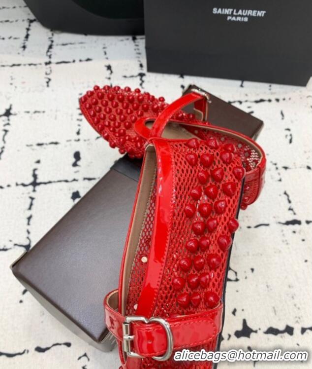 Popular Style Alaia Ballet Flats in Fishnet and Patent Leather with Pyramid Studs AL053101 Red 2024