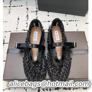 ​Luxury Discount Alaia Ballet Flats in Fishnet and Patent Leather with Pyramid Studs AL053101 Black 2024