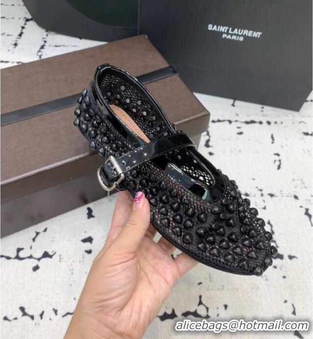 ​Luxury Discount Alaia Ballet Flats in Fishnet and Patent Leather with Pyramid Studs AL053101 Black 2024