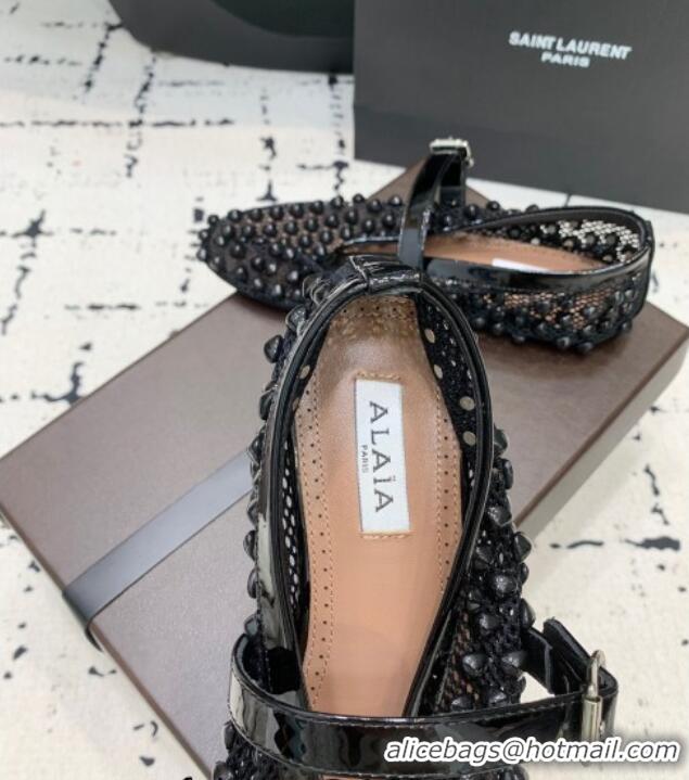 ​Luxury Discount Alaia Ballet Flats in Fishnet and Patent Leather with Pyramid Studs AL053101 Black 2024