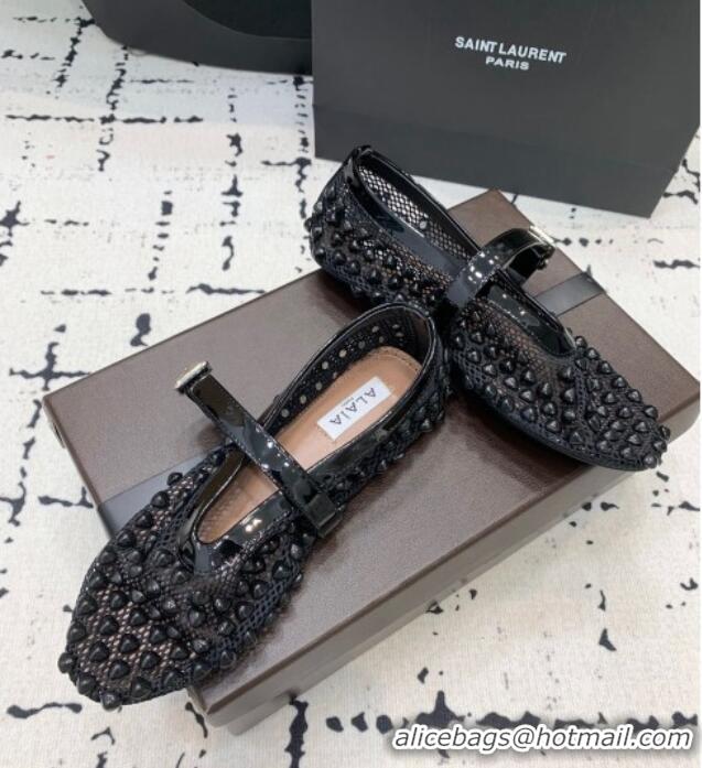 ​Luxury Discount Alaia Ballet Flats in Fishnet and Patent Leather with Pyramid Studs AL053101 Black 2024