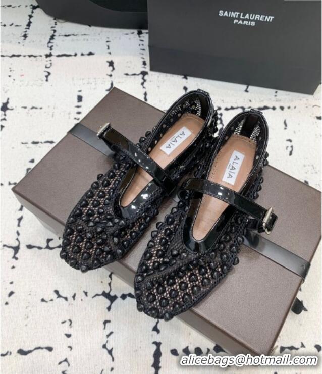 ​Luxury Discount Alaia Ballet Flats in Fishnet and Patent Leather with Pyramid Studs AL053101 Black 2024