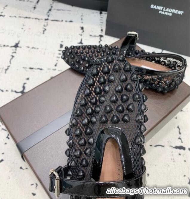​Luxury Discount Alaia Ballet Flats in Fishnet and Patent Leather with Pyramid Studs AL053101 Black 2024
