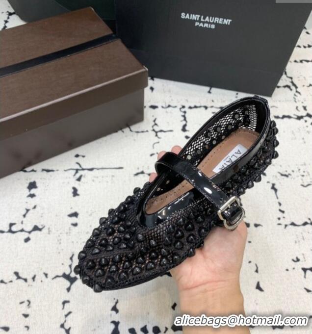 ​Luxury Discount Alaia Ballet Flats in Fishnet and Patent Leather with Pyramid Studs AL053101 Black 2024