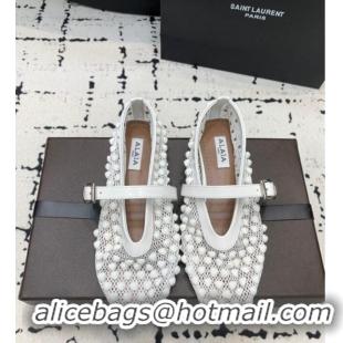 Best Product Alaia Ballet Flats in Fishnet and Patent Leather with Pyramid Studs AL053101 White 2024