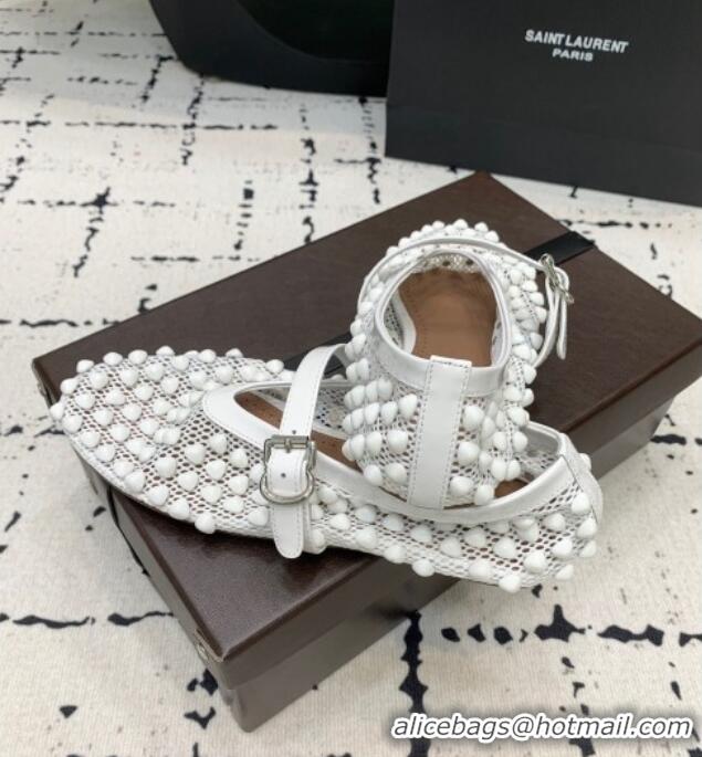 Best Product Alaia Ballet Flats in Fishnet and Patent Leather with Pyramid Studs AL053101 White 2024