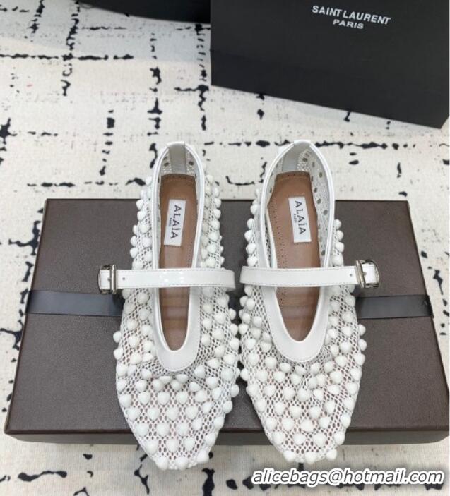 Best Product Alaia Ballet Flats in Fishnet and Patent Leather with Pyramid Studs AL053101 White 2024