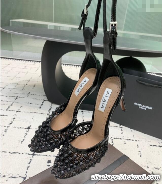 Promotional Alaia High Heel Pumps 9.5cm in Fishnet and Patent Leather with Pyramid Studs AL10080 Black 2024